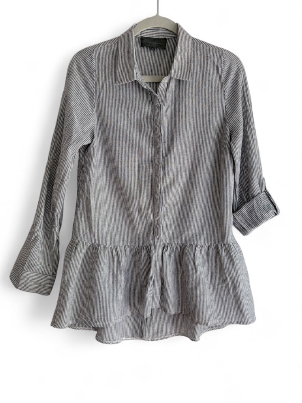 Sunday in Brooklyn Gray and White Striped 100% Cotton Ruffle Hem Blouse Size M